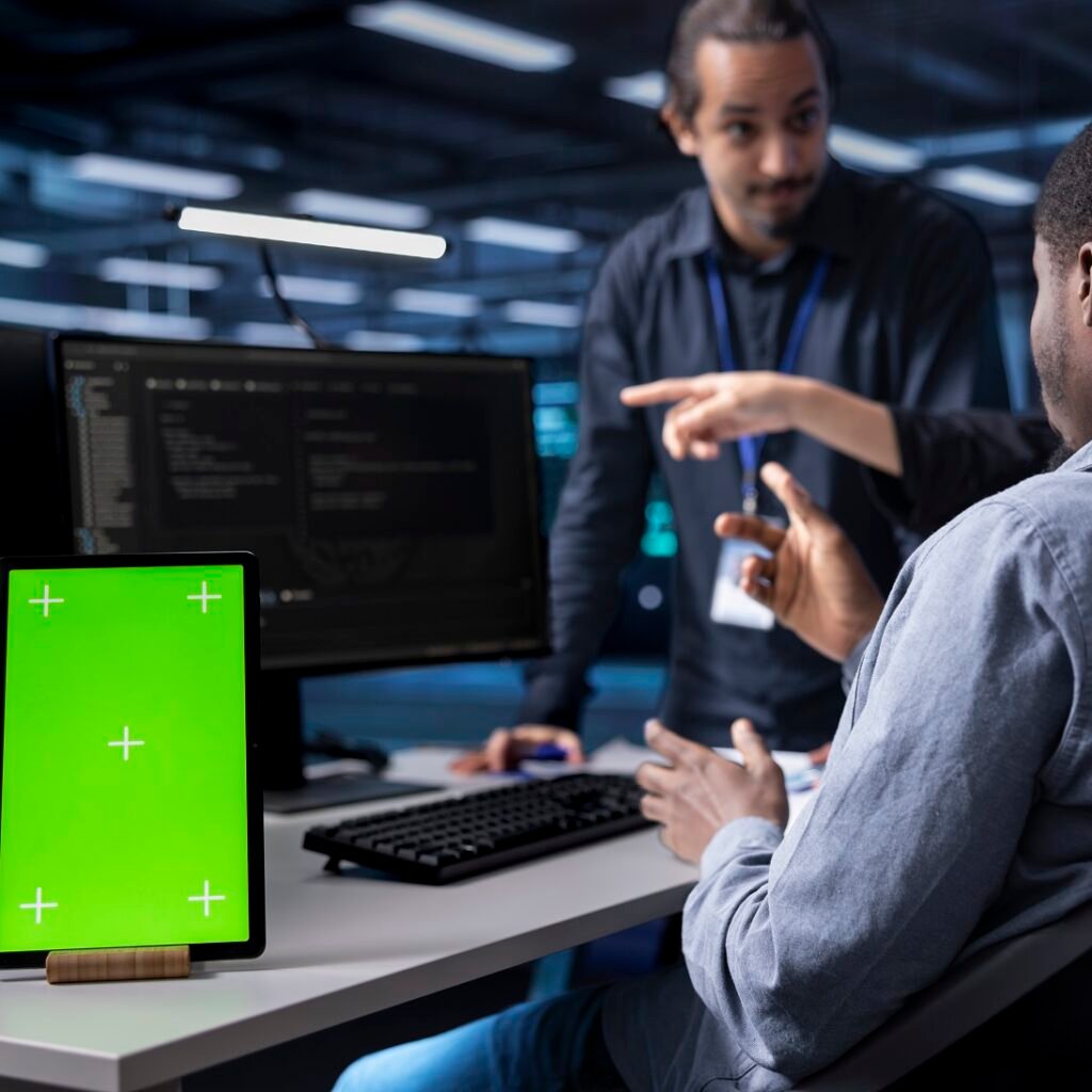 The web development process explained: from concept to launch. multiethnic team using green screen tablet to oversee servers